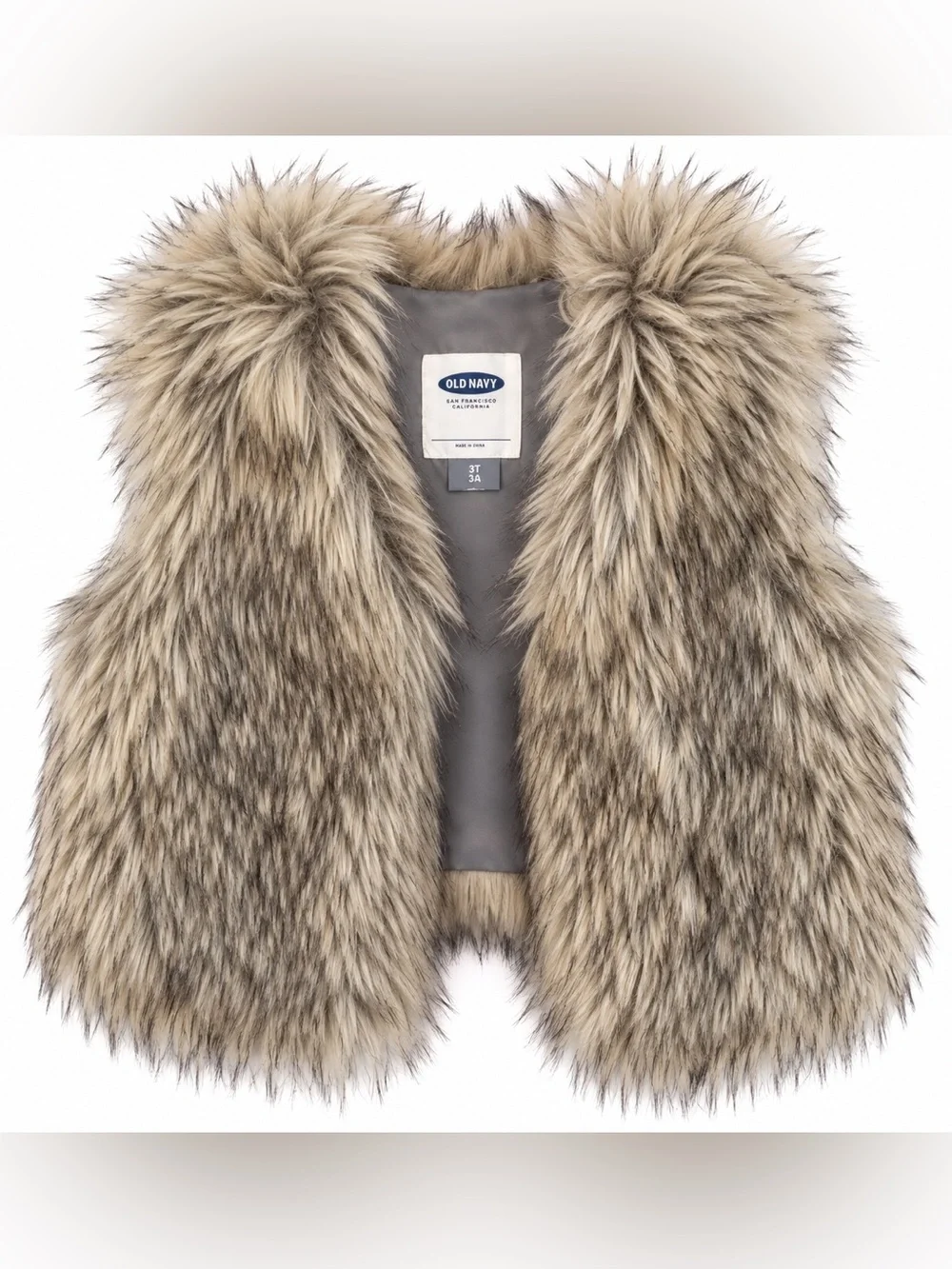 Old Navy Girls 3T Faux Fur Vest Gray Tan Shaggy Boho Fall